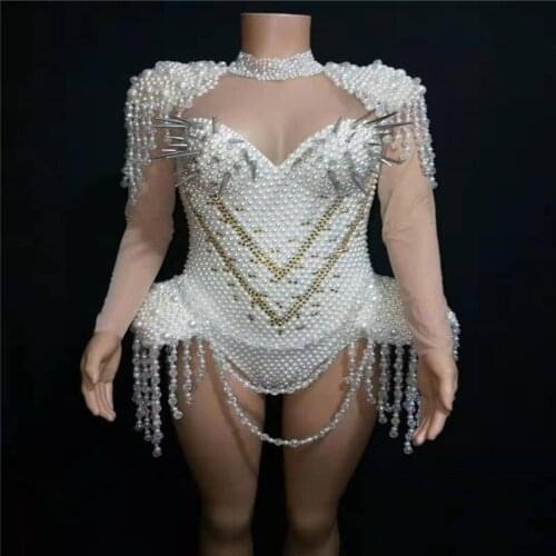 T23 Female white pearl beading bodysuit sexy mesh rivets outfit long sleeve outfit singer stage dance costume pole dance dress