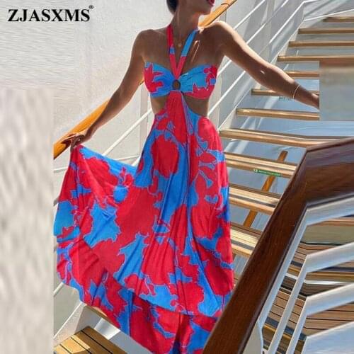 Boho Dress 2021 Summer Spring Floral Print Sleeveless Long Party Dress Women Sexy Halter Hollow Out Ladies Maxi Dresses Vestidos