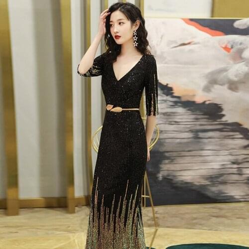Elegant Long black Sequin Evening Dress vestido de festa robe longue prom gowns Formal Party dress Half Sleeve reflective dress