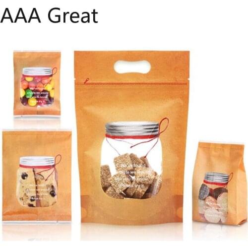 100Pcs/Lot Kraft Paper Packaging Bag Candy Biscuit Food Storage Bag Self-Standing Window Zipper Bags Hang Hole Stand Up Pouches