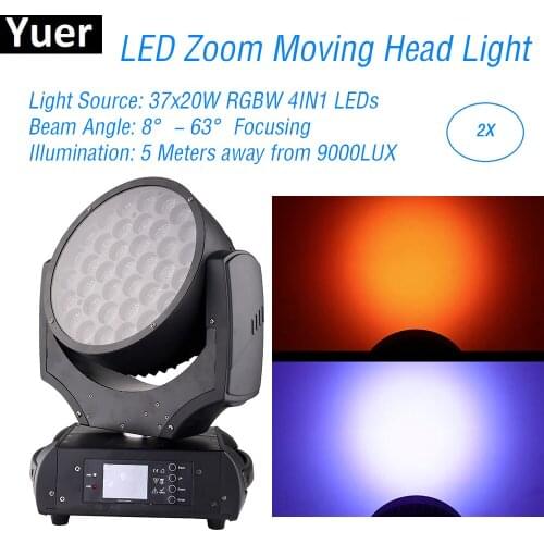 2Psc/Lot 37x20W LED Zoom Moving Head Light RGBW 4IN1 Sound Party Lights Club Bar DJ Equipment Disco Zoom Moving Head Lighting