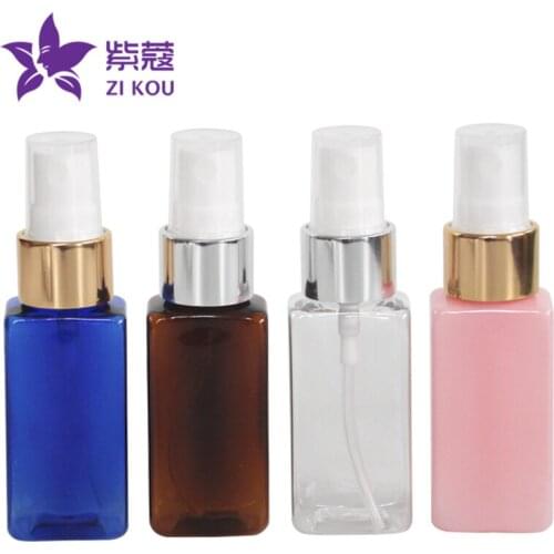 5pcs Free Shipping 30ml square plastic bottle with golden aluminum mist sprayer refillable bottle