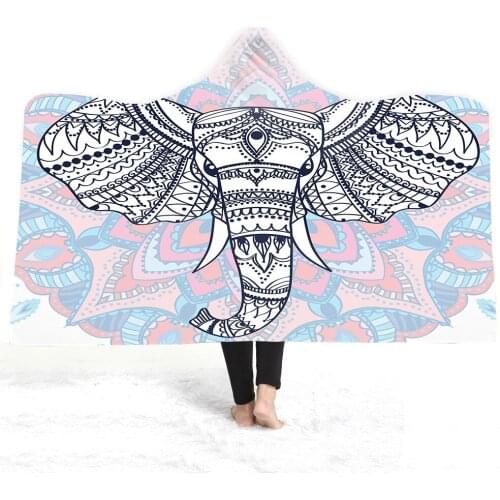 Free shipping Gift Bohemian Ethnic Mandala Elephant Hooded Blanket Adults Kids Warm Fleece Travel Camping Sofa Throw Gift