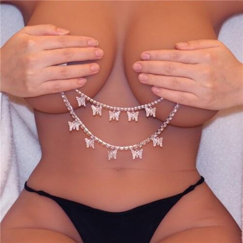 Sexy Butterfly Nipple Chain Jewelry Non Piercing Elasticity Clip For Women Rhinestone Connecting Crystal Body Necklace Chains