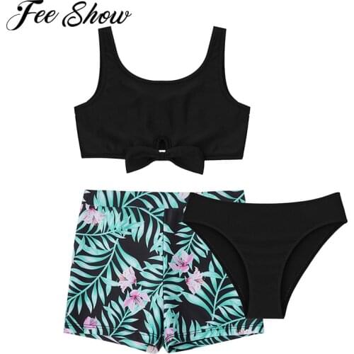2021 Kids Girls Summer Swimming Bikini Sets Bathing Suit Swimwear Adorned Crop Tops Printed Briefs Shorts Beach Holiday Swimsuit