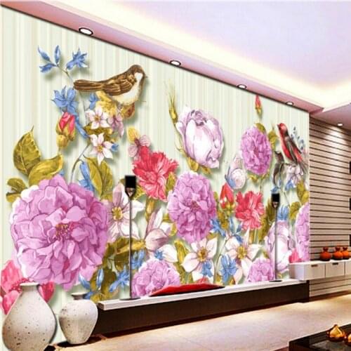 Photo wallpaper 3D Romantic hand painted peony flowers birds painting background wall mural wallpaper custom lobby mural