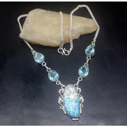 Gemstonefactory Jewelry Big Promotion Unique 925 Silver Dichroic Glass Blue Topaz Royal Women Chain Necklace 46cm 202101554