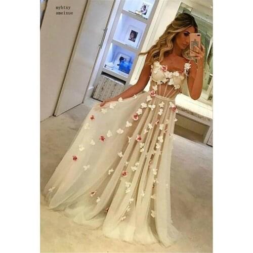 China Elegant Hand Made Flower Sweetheart Straps Crystal Lace Applique Evening Dresses Flower Tulle Prom Evening Dresses