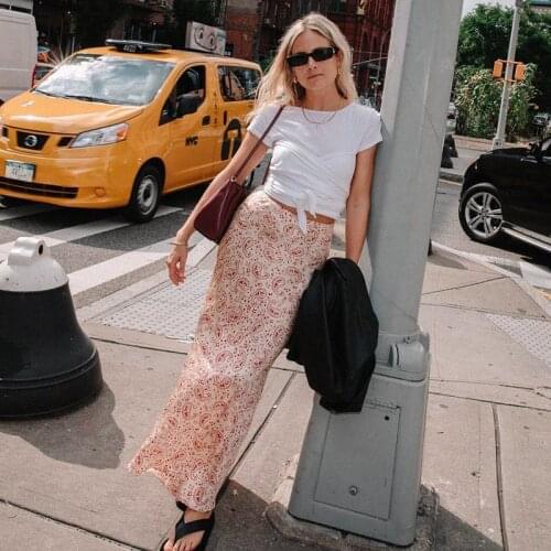 Summer Y2K Aesthetic Floral Print Long Skirt Women Elastic Waist Bodycon Skinny Ankle-Length Semi-Dress E-girls Streetwear