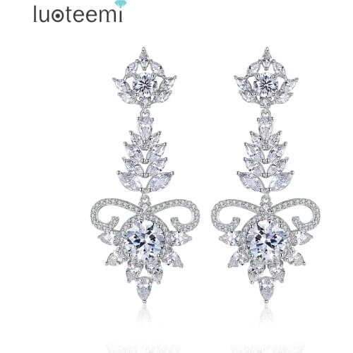 LUOTEEMI Gorgeous AAA Clear Zircon Drop Earrings Luxury Marquise Flowers Chandelier Long Dangle Earrings Bridal Wedding Bijoux