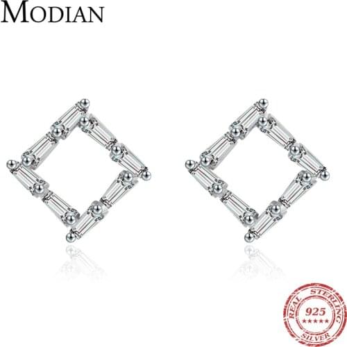 Modian Genuine 925 Sterling Silver Simple Square With Trapezoid Clear CZ Stud Earrings for Women Girl Anti-allergy Jewelry