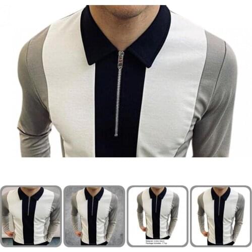 Cool Great Stripe Turn-down Collar Men Top Contrast Colors Polo Shirt Zipper for Spring