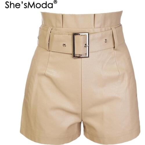 ShesModa PU Leather Belt New Womens High Waist Straight Shorts with Pocket Plus Size