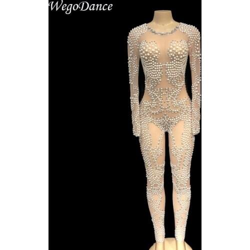 New Women Sexy mesh Jumpsuit Full Crystal Pearl leotard Fashion Show Nightclub Party Birthday Bling Clothes