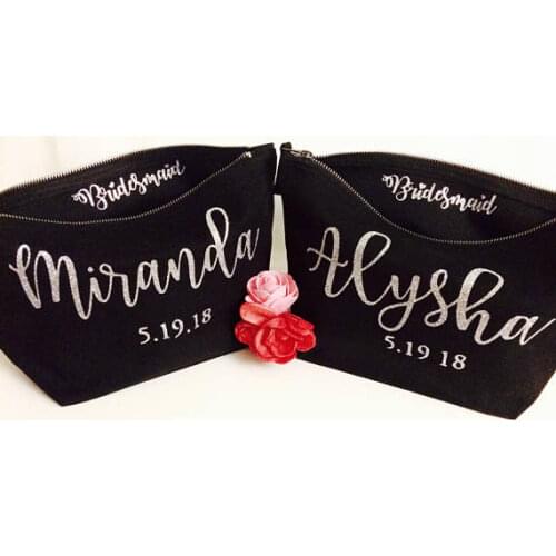 Personalized silver bridesmaid flower girl wedding Make Up Cosmetic Bags Purses Christmas Gift for Bridal Party Bags