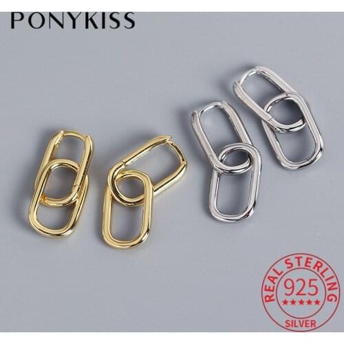PONYKISS Trendy S925 Sterling Silver Two Round Cross Glossy Huggie Hoop Earrings for Women Party Delicate Accessory Jewelry