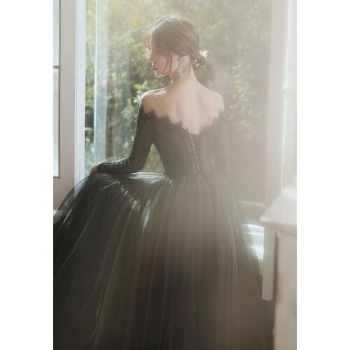 Luxury black veil long sleeve beading ball gown long dress vintage medieval dress Renaissance princess Victoria dress