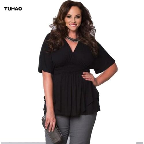 TUHAO Plus Size Office Lady Blouses Shirts 6XL 5XL 4XL Summer Black White Ruffles Blouse Work Shirts Female Tops LM07