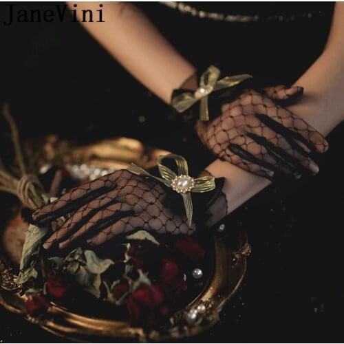 JaneVini Guantes Vintage Sexy Wedding Gloves for Women Short Wrist Length Bow Black Sheer Mesh Bridal Party Hand Gloves 2021