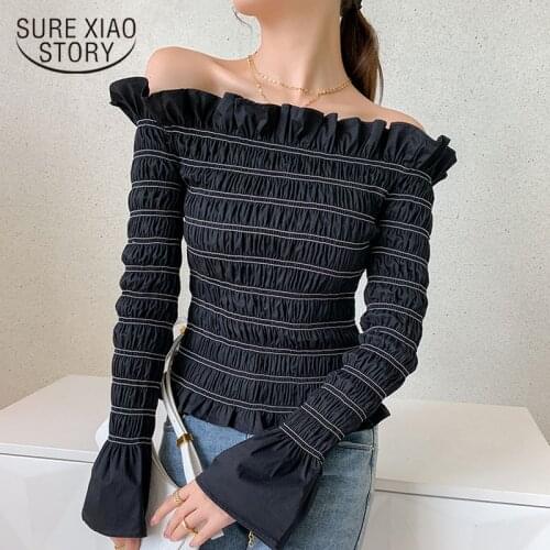 2020 Autumn New French Flare Sleeve Blouse Short Romantic Elegant Mesh Off-the-Shoulder Ruffle Shirt Female Blusas Mujer 11278