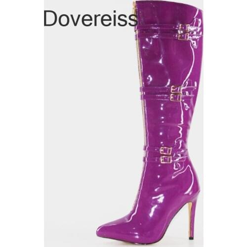 Dovereiss Fashion Womens shoes Winter Zipper Buckle Sexy Boots Stilettos Heels Purple Zipper Knee High Boots 41 42 43