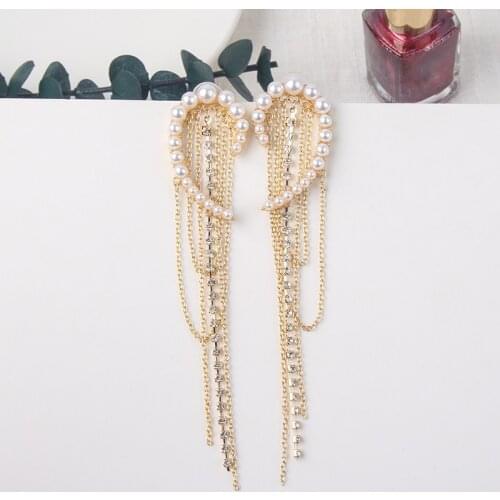 2019 Fashion Korean Pendant Earrings Rhinestone Long Chain Fringe Pearl Earrings for Women Elegant Accessories Wedding Party