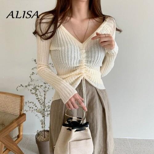 Women Knitted Sweater 2021 Autumn Slim Sexy V-neck Long Sleeve Fold Drawstring Pullover Tops Ladies Elegant Korean Tops
