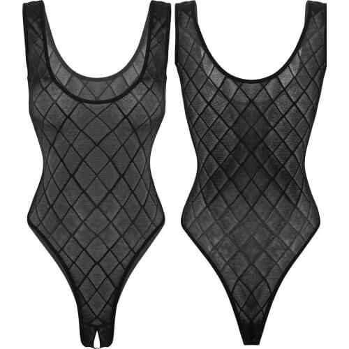 Women Sheer Mesh Lingerie One Piece See Through Sleeveless Crotchless High Cut Thong Leotard Bodysuit Nightwear Bridal Lingerie