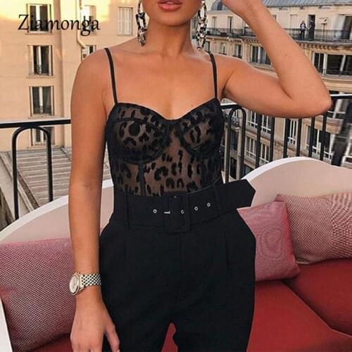 Ziamonga Women Black Mesh Bodysuit Summer Casual Party Sleeveless Bodycon Sheath Leopard Printed Sexy Club Bodysuit Women Female
