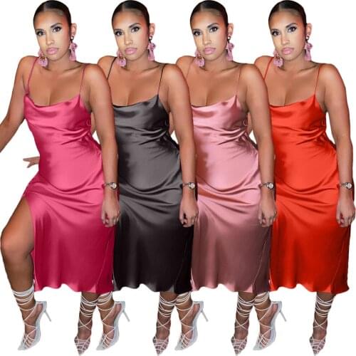 1L256 CHAIYAO Summer Ladies Casual Fashion Suspender Skirt Adjustable Buckle Split Ends Sexy Event Party Dress Stretch Fabric