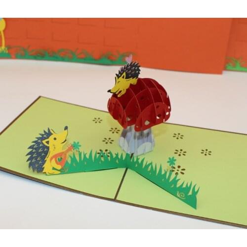 3D Handmade Cartoon Happy Hedgehog Mushroom House Paper Baby Show Invitation Greeting Cards with Envelope Kids Birthday Gift