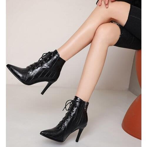 Ladies Short Boots Spring Autumn Sexy Thin High-Heel Zipper Womens Shoes Fashion Stone Pattern Winter Cross Tied Pointed Boots
