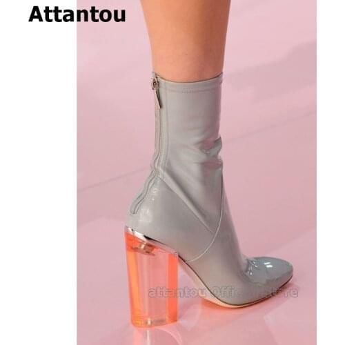 Block Heeled Patent Leather Women Short Winter Boots Ladies Pointed Toe Ankle Booties Wine Square Heeled Chelsea Boots