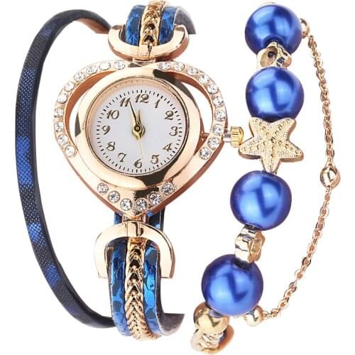 Watch Women Luxury Leather Quartz Rhinestone Female Clock Bracelet Watches With Pearl Pendant Ladies Watch Montre Femme#28