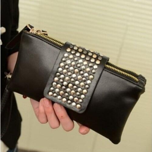 Elegant Women PU Leather Black Rivet Handbag Fashion Solid Color Zipper Clutch Bag Ladies Portable Street Shopping Long Wallet