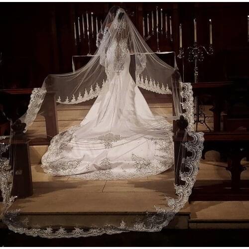 5 Meters White Ivory Cathedral Wedding Veils Long Lace Edge Bridal Veil With Comb One Layer Wedding Accessories