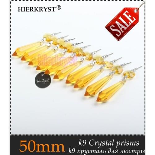 HIERKRYST 25 pcs/lot Golden Chandelier Glass Crystals Lamp Prisms Parts icicle Hanging Pendants 50mm 2" #2016A