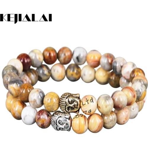 KEJIALAI 2pcs 2018 Hot Sale 8mm Fashion Buddha Bracelets Bangles Elastic Rope Chain Natural Stone Bracelet Men Women A035