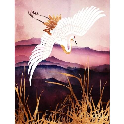 China National Bird Abstract Canvas Gold White Crane Painting Wall Pictures Bedroom Travel Prints Waterproof Home Decoration