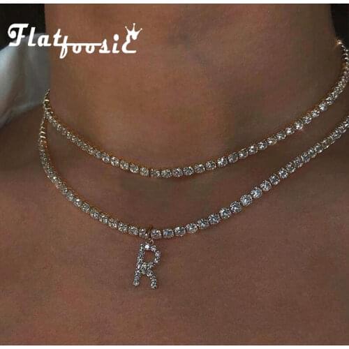 Flatfoosie 2020 Luxury Full Rhinestone Letter Choker Necklace Fashion Silver Color Necklace for Women Girls Wedding Gift Jewelry