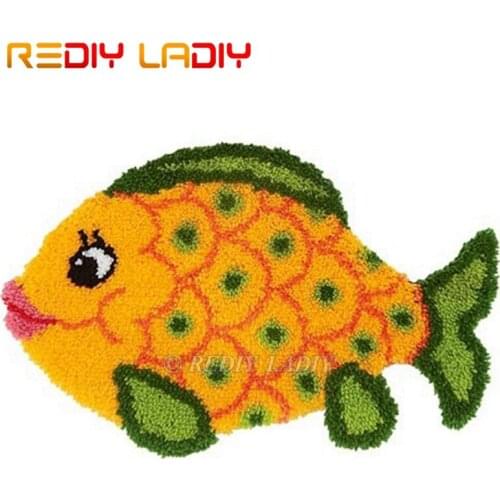 Latch Hook Kit Make Your Own Rug Gold Green Fish Tapestry Crocheting Cushion Mat DIY Carpet Rug Pre-Printed Canvas Hobby & Craft