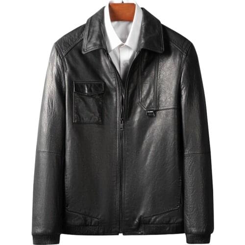 2021 Autumn New 100% Real Sheep Skin Leather Jacket Men Coat Clothing Lapel Zipper Street Business Casual Soft Black Outwear