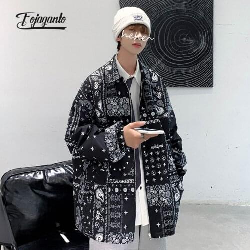 FOJAGANTO Autumn Mens Street Jacket Korean Style Double-Side Wear Cashew Print Jacket Fashion Casual Loose Couple Jackets Male