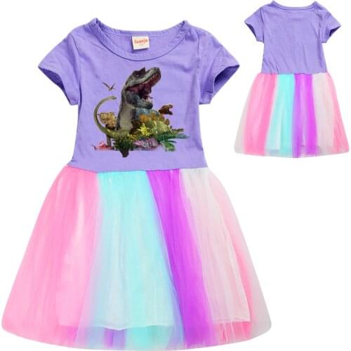 O-neck Girls Dress New Summer Girls Clothes Short Sleeves Dinosaur Cartoon Print Teenage Childrens A-Line Dresses Kids Clothing