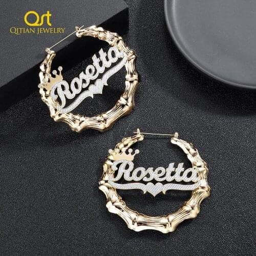 Customized Name Bamboo Earrings With Crown Heart Personalized Custom Gold Plated Stainless Steel Name Earrings Women Sexy Gift
