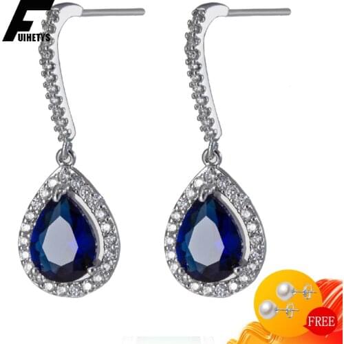 BaliJelry Silver 925 Women Earrings Jewelry Accessories Water Drop Shape Sapphire Zircon Gemstone Earring for Wedding Engagement