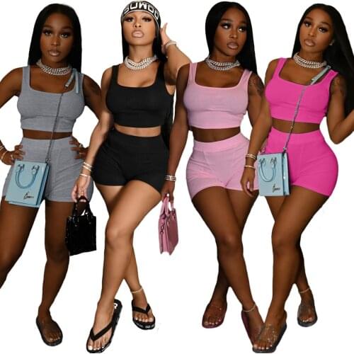 Solid Color Two Piece Set Fitness Sporty Sleeveless Tank Top And High Waist Shorts Suit Outdoor Gym Workout Plus Size Tracksuit