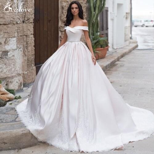 EVALOVE Gorgeous Appliques Satin Court Train A-Line Wedding Dresses Luxury Crystal Sashes Off the Shoulder Princess Bridal Gown