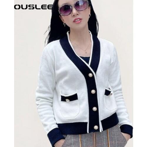 OUSLEE Patchwork Knitted Women Cardigan Sweater Single Breasted V Neck Open Cardigans Female Autumn Winter Office Ladies Outfits