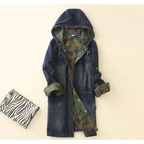 Women Denim Jean Long Loose Casual Hooded Trench Coat Outwear Windbreaker